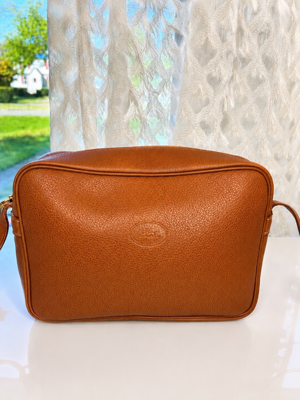 Longchamp Vintage Cognac Brown Pebbled Leather Crossbody Bag Adjustable Strap